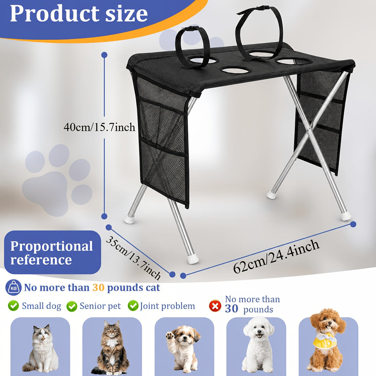 Foldable Pet Grooming Table for Small Dogs & Cats – Stainless Steel Frame, Non-Slip Surface, Storage Bag, 30 lb Capacity, Nail Trimming & Bathing Station, Black
