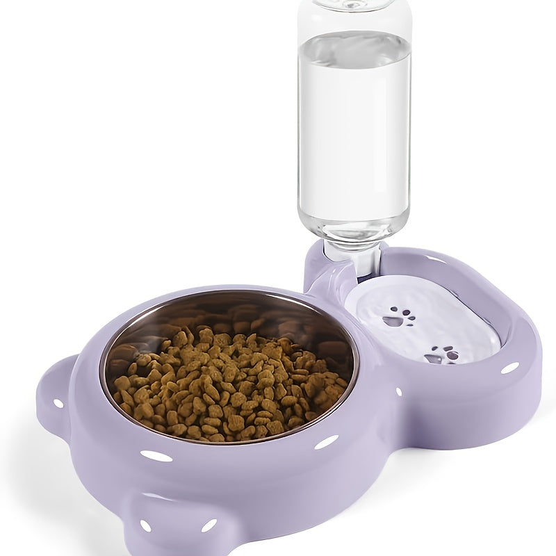 Pet Double Bowl Set with Automatic Water Dispenser Bottle – Food and Water Bowls for Small Dogs and Cats, Dishwasher Safe, Durable BPA-Free, Pink Grey Purple, Indoor Pet Feeding Station