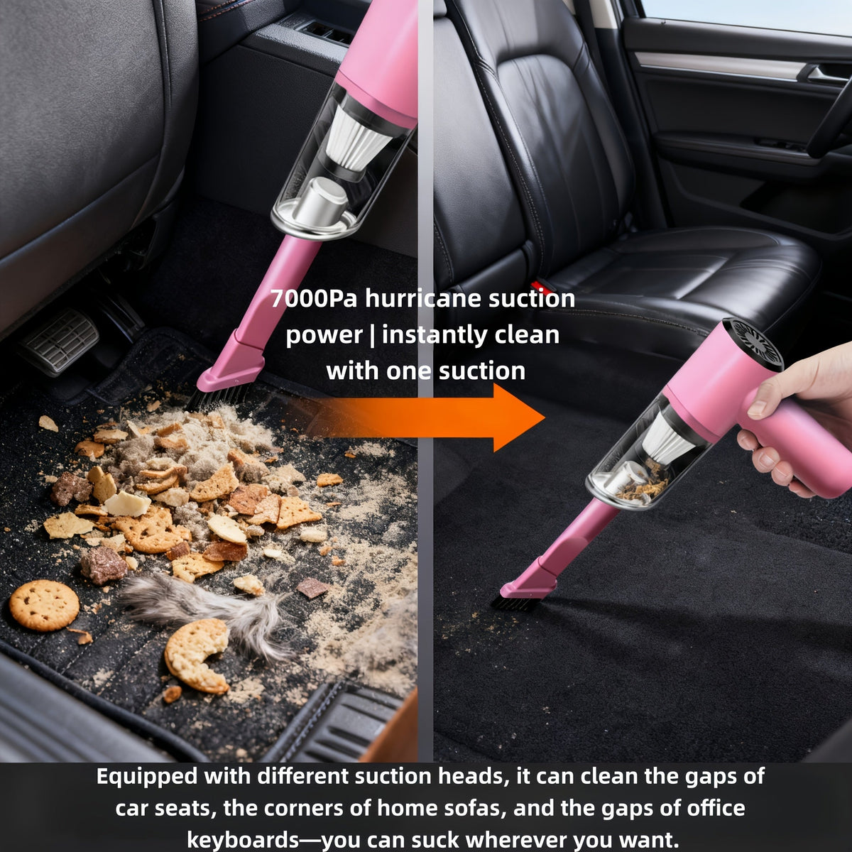 Cordless Car Vacuum Cleaner 7KPa Strong Suction – 80dB Quiet, 3 Nozzles, USB Rechargeable Handheld Portable Auto Vacuum for Car Interior Home Pet Hair, Gift for Women Drivers