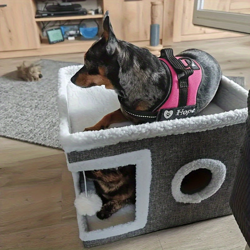 Foldable 2-Tier Cat House with Scratching Post, Plush Hanging Ball & Tunnel – Indoor Cat Cube Bed, Nylon Frame Canvas Construction, Space-Saving 16.5x16.5x13 Inch Design for Small Spaces