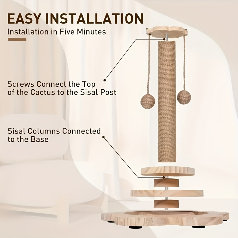 4-in-1 Cat Scratching Post with Sisal, Feather Toy, Dual-Layer Ball Track & 6 Wooden Toy Balls – Anti-Tip Solid Wood Activity Center for Indoor Cats, Kittens & Multi-Cat Households
