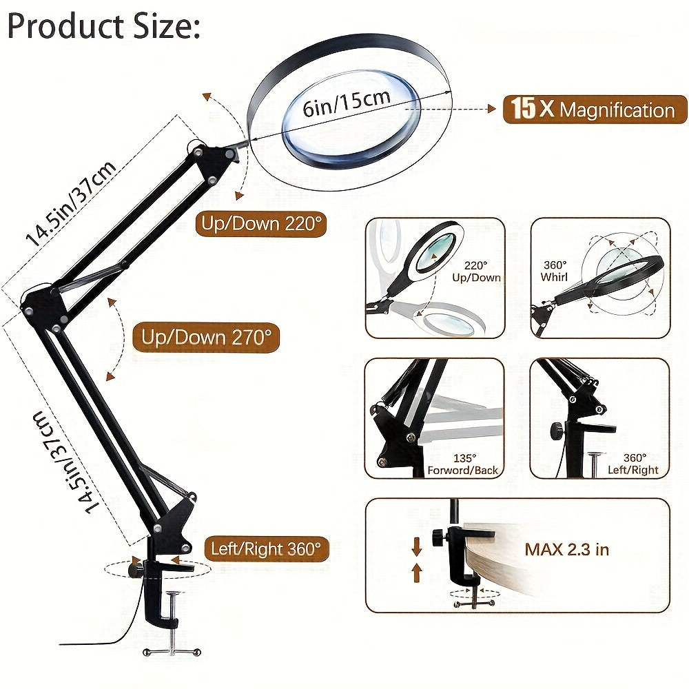 15X LED Magnifying Glass Lamp with Adjustable Arm & Clamp – Dimmable 3-Color USB Desk Magnifier for Reading, Crafts, Nail Art, Sewing & Precision Work (Black/White)