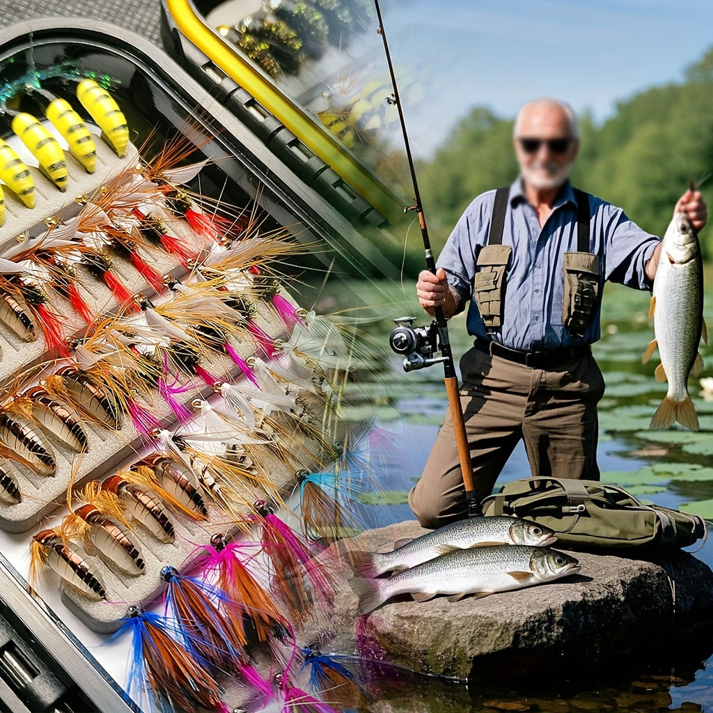 114-Piece Fly Fishing Lures Assortment with Portable Box - 11 Mixed Styles Dry/Wet Flies, Nymphs & Streamers, Size 10 Hooks for Trout, Bass, Salmon, Steelhead & Carp - Freshwater & Saltwater