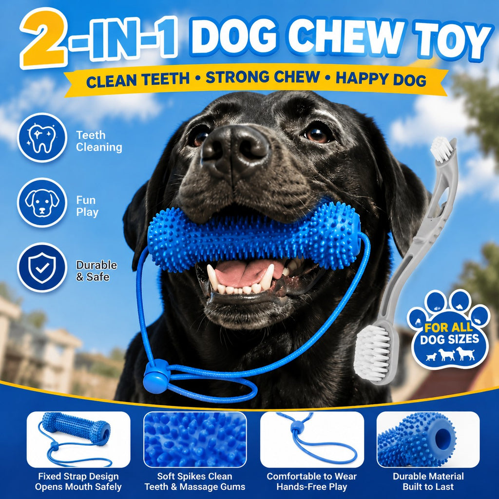 Dog Teething Chew Stick and Teeth Cleaning Brush Set 2 Pack - Durable Chewable Dog Toothbrush with Mouth-Open Strap for Easy Brushing, Dual-Purpose Dental Care Toy for Dogs, Random Color