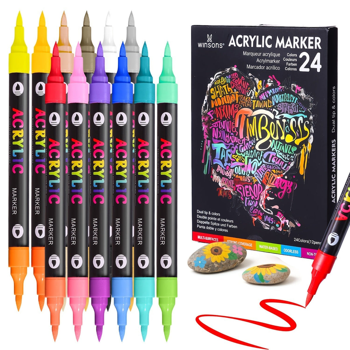 Dual-Tip Dual-Shade Acrylic Paint Markers 24, 48 & 72 Colors – Quick-Dry Waterproof Brush Pens for Rock Painting, Journal Doodling, Canvas, Wood, Glass & Home Decor – Creative Art Markers for Adults & Kids