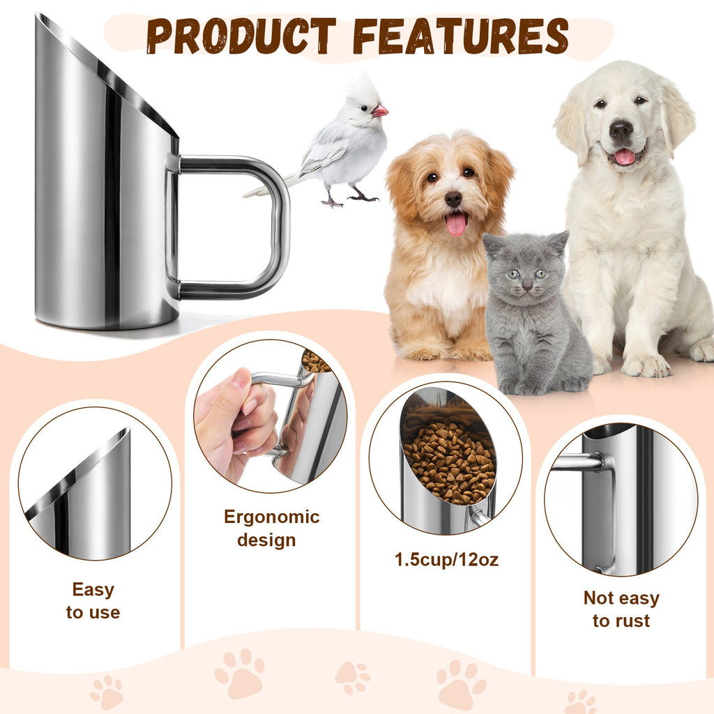 Stainless Steel Dog Food Scoop 2-Piece Set - 1.5oz & 12oz Durable Metal Pet Food Cup with Ergonomic No-Slip Grip Handle, Rust-Resistant Easy-Clean Dog & Cat Food Measuring Scoop for Kibble & Feed Buckets
