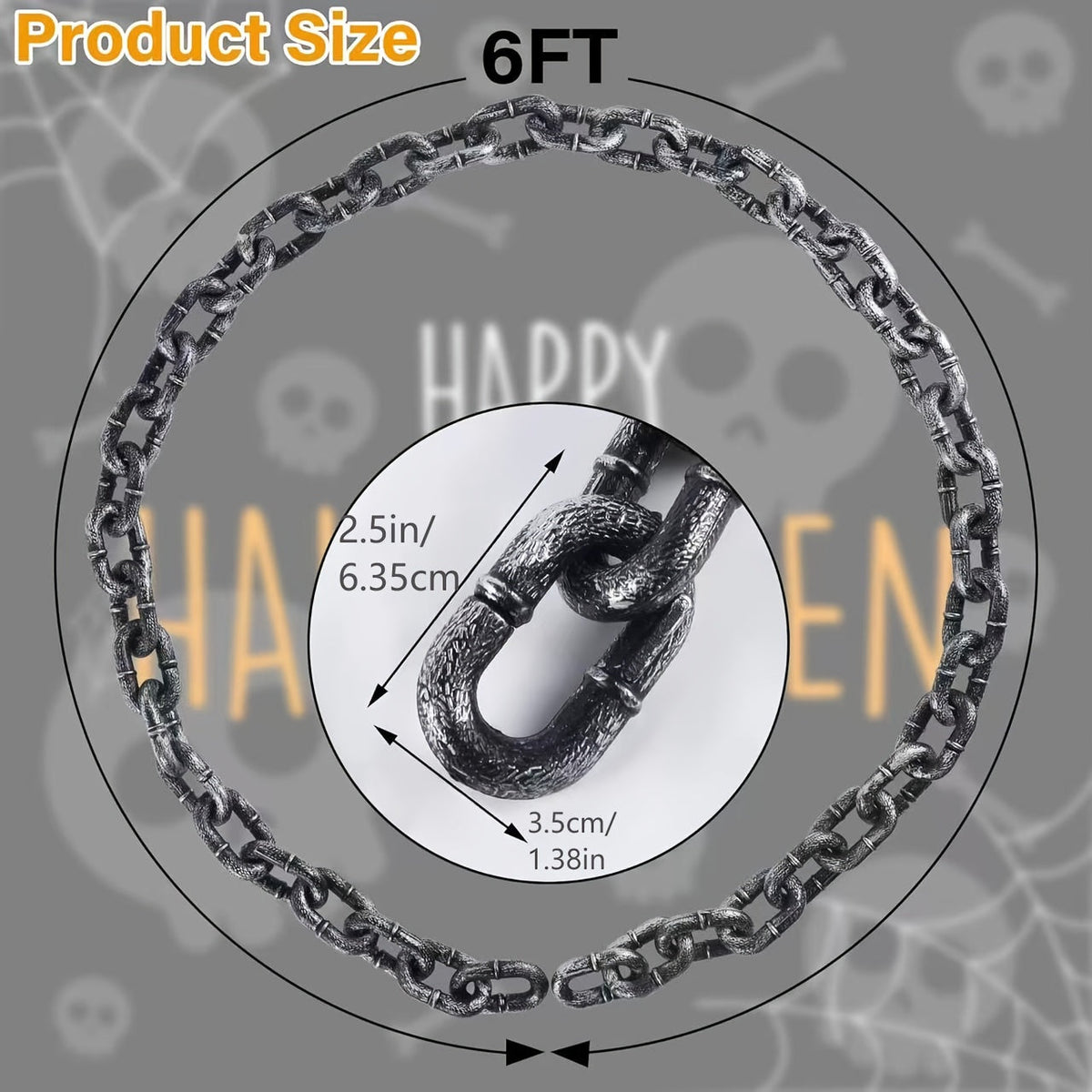 6-Foot Halloween Plastic Chain Decoration - Spooky Costume Accessory & Haunted House Prop, Gothic Party Decor for Indoor & Outdoor Use, Halloween Trick-or-Treat & Costume Accessory for Kids & Adults