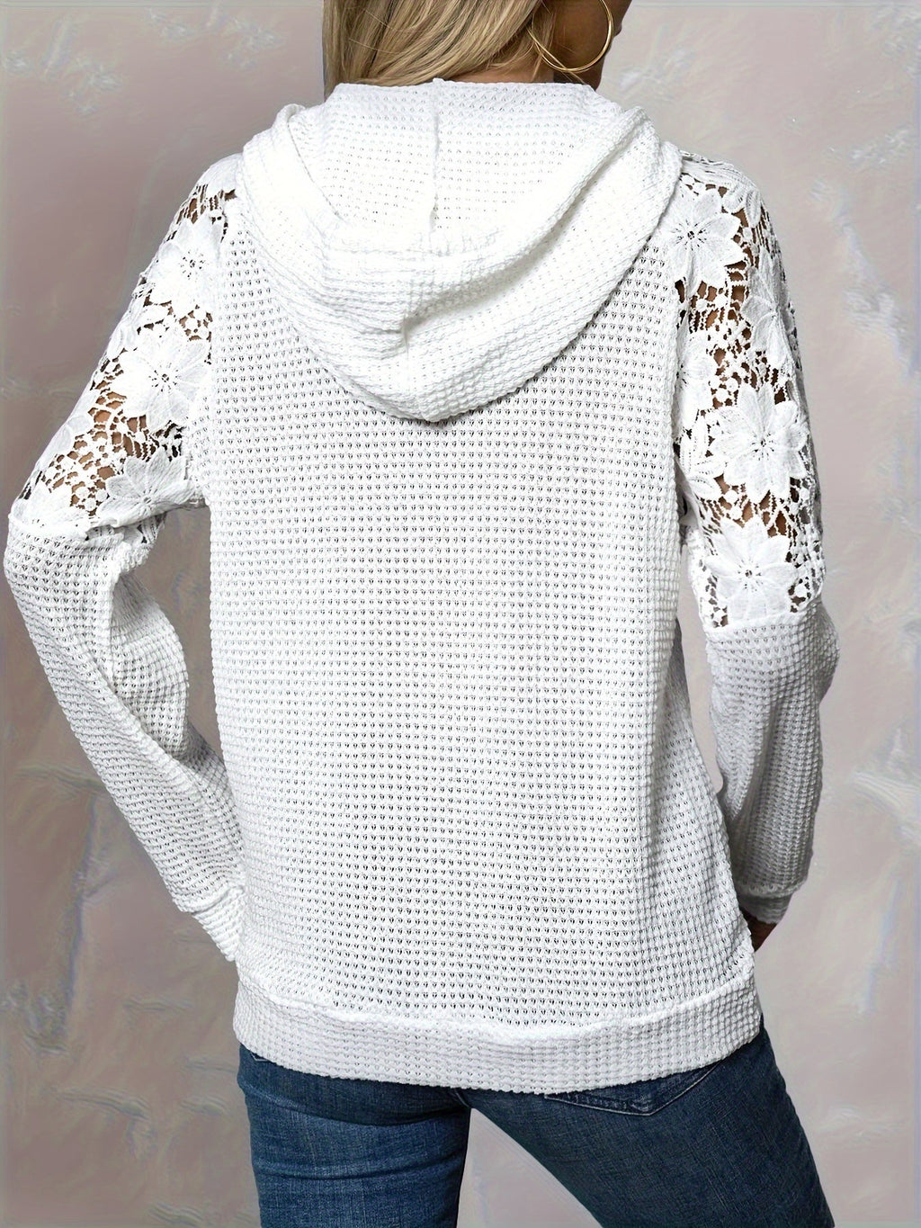 Women's Lace-Trim Hooded Raglan Sleeve Pullover Top – Casual Fashion Knit Hoodie 95% Polyester Stretch Comfortable Everyday Shirt
