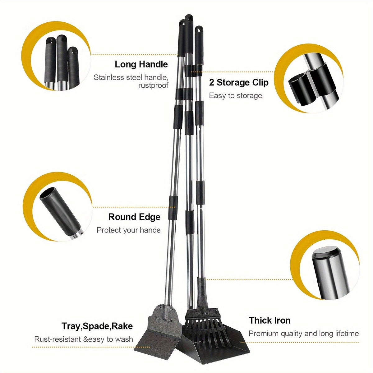 Stainless Steel Dog Pooper Scooper Set with Adjustable Long Handle – Rust-Proof Tray & Rake Pet Waste Removal Tool, No Bending, Easy to Clean, Ideal for All Dog Breeds, Outdoor Yard & Grass Use