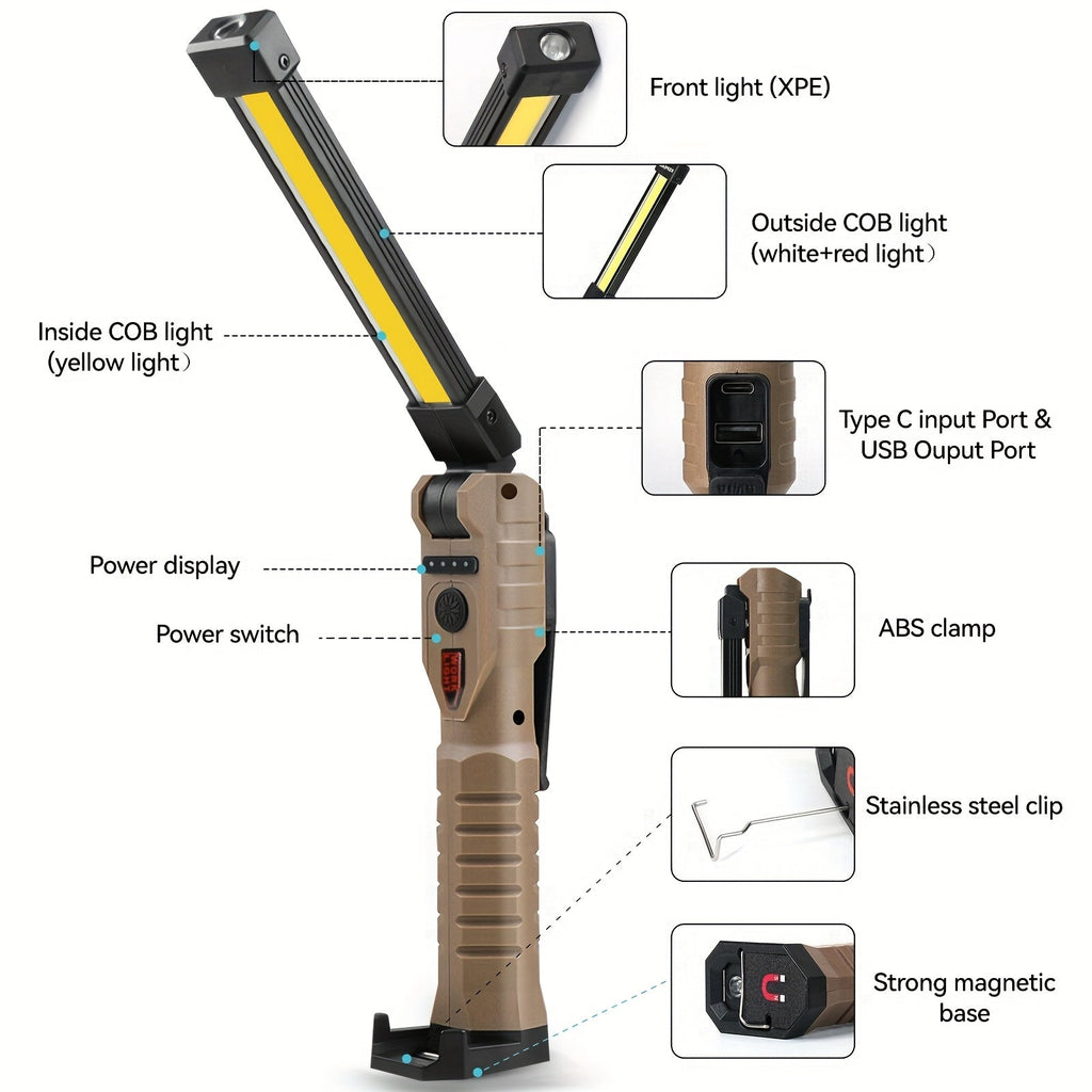COB LED Rechargeable Work Lights – Portable Hanging Work Lamp with Built-In Battery for Camping, Yard, Party & Vehicle Maintenance, 2/4/6/8/10 Pack Options, Black & Khaki