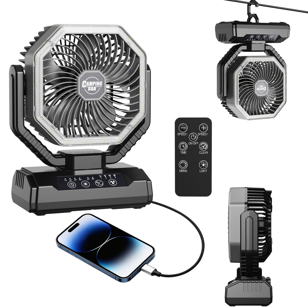 20000mAh Camping Fan with LED Light & Remote Control – 4-Speed Brushless Motor, 180° Oscillating Portable Outdoor Fan, 22-26 Hour Battery Life, 40 LEDs, Timer – for Camping, Hiking, Tent, Emergency & Home Use